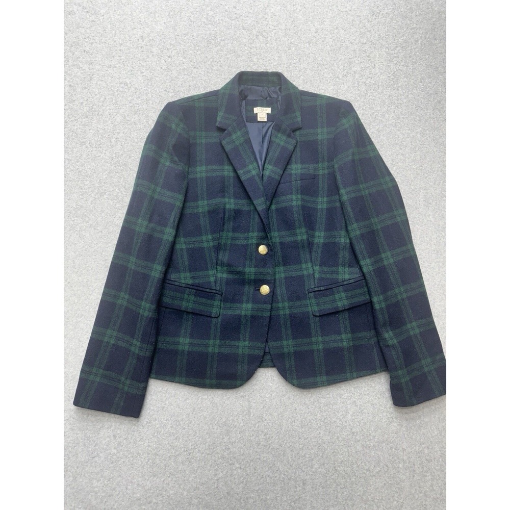 J.Crew Blazer Jacket Womens 6 Green Plaid Wool Blend Gold Button Preppy Academia